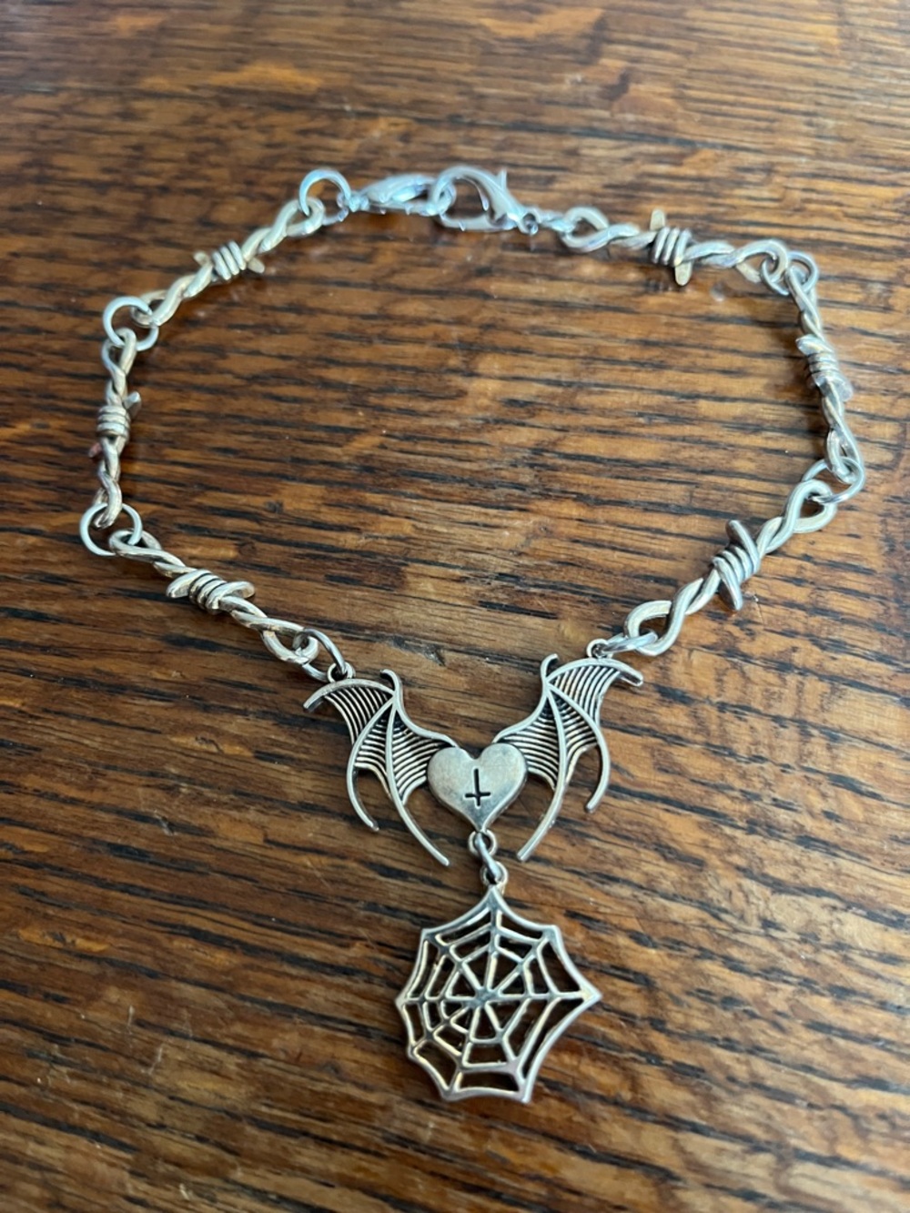 Silver-Tone Gothic Bat Wing & Spiderweb Necklace